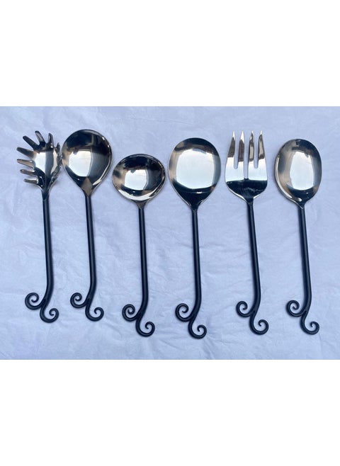 Sidra Decors Stainless Steel Serving Set for Dinning Table Dinnerware Tableware Pasta Spoon Gravy ladle Salad Fork Rice Spoon Vegetable Spoon Noodle Spoon Set of 6Pcs