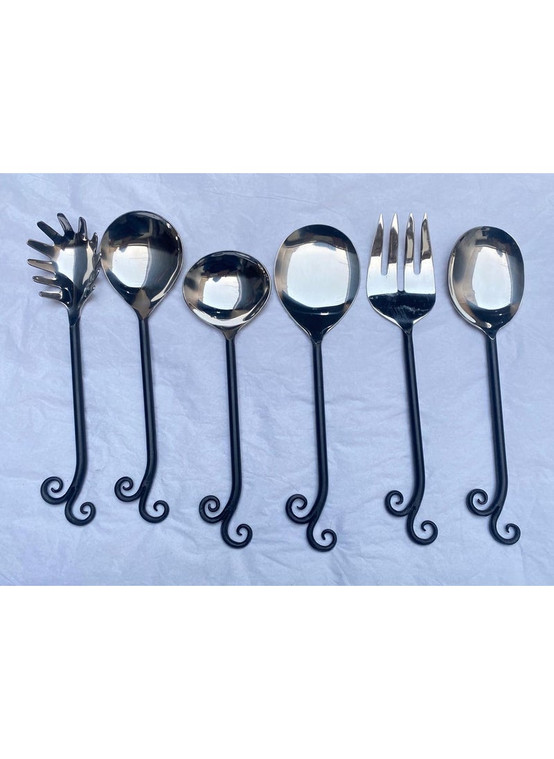 SIDRA DECORS Sidra Decors Stainless Steel Serving Set for Dinning Table Dinnerware Tableware Pasta Spoon Gravy ladle Salad Fork Rice Spoon Vegetable Spoon Noodle Spoon Set of 6Pcs  - Image 1