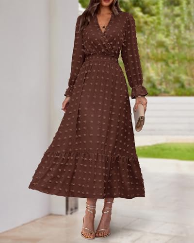 BTFBM Women Fall Maxi Dresses 2025 Long Sleeve V Neck Swiss Dots High Waisted A-Line Ruffle Boho Long Dress Vacation(Coffee,Large) - Image 2