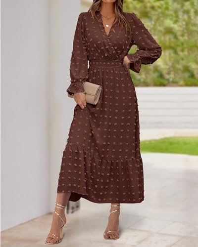 BTFBM Women Fall Maxi Dresses 2025 Long Sleeve V Neck Swiss Dots High Waisted A-Line Ruffle Boho Long Dress Vacation(Coffee,Large) - Image 3