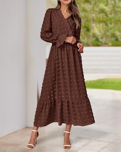 BTFBM Women Fall Maxi Dresses 2025 Long Sleeve V Neck Swiss Dots High Waisted A-Line Ruffle Boho Long Dress Vacation(Coffee,Large) - Image 5