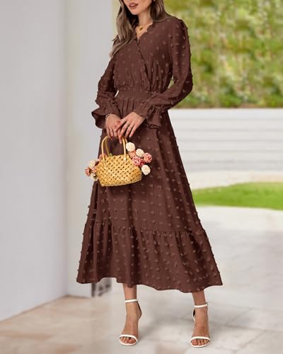 BTFBM Women Fall Maxi Dresses 2025 Long Sleeve V Neck Swiss Dots High Waisted A-Line Ruffle Boho Long Dress Vacation(Coffee,Large) - Image 4