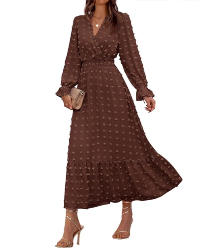BTFBM Women Fall Maxi Dresses 2025 Long Sleeve V Neck Swiss Dots High Waisted A-Line Ruffle Boho Long Dress Vacation(Coffee,Large) - Image 1