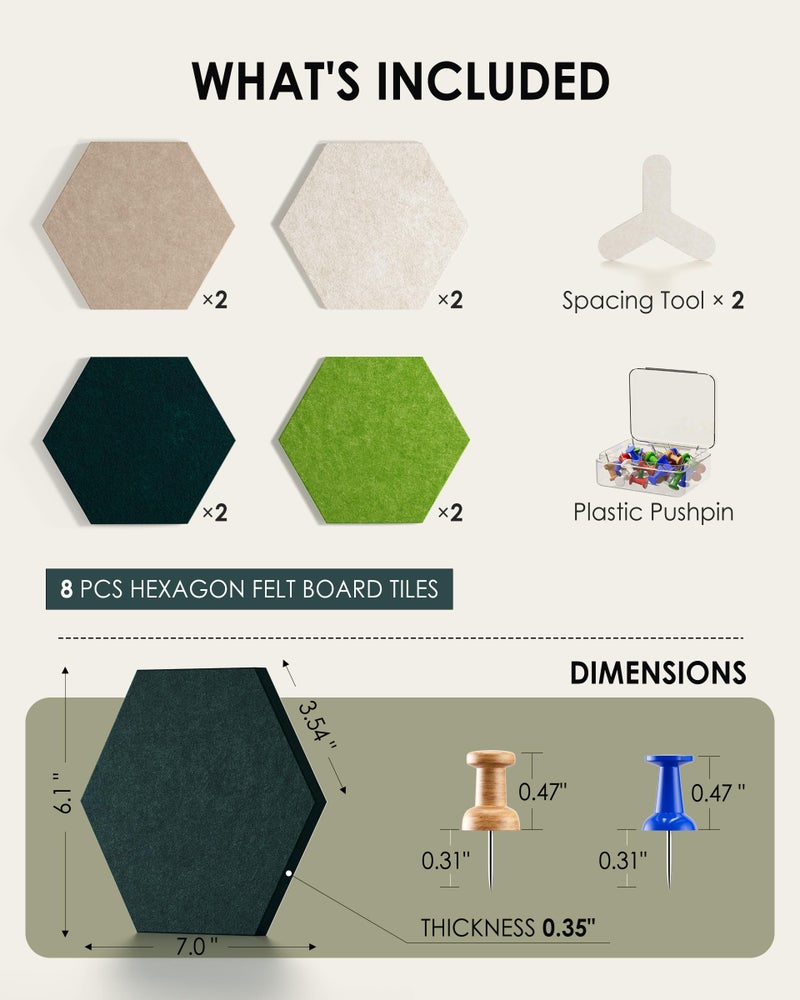 MaxGear 8Pcs Hexagon Felt Cork Board Tiles, Green Self-Adhesive DIY Bulletin Board Pin Board for Office School Home Wall Decor Stickers Photos Display Memos - Image 4