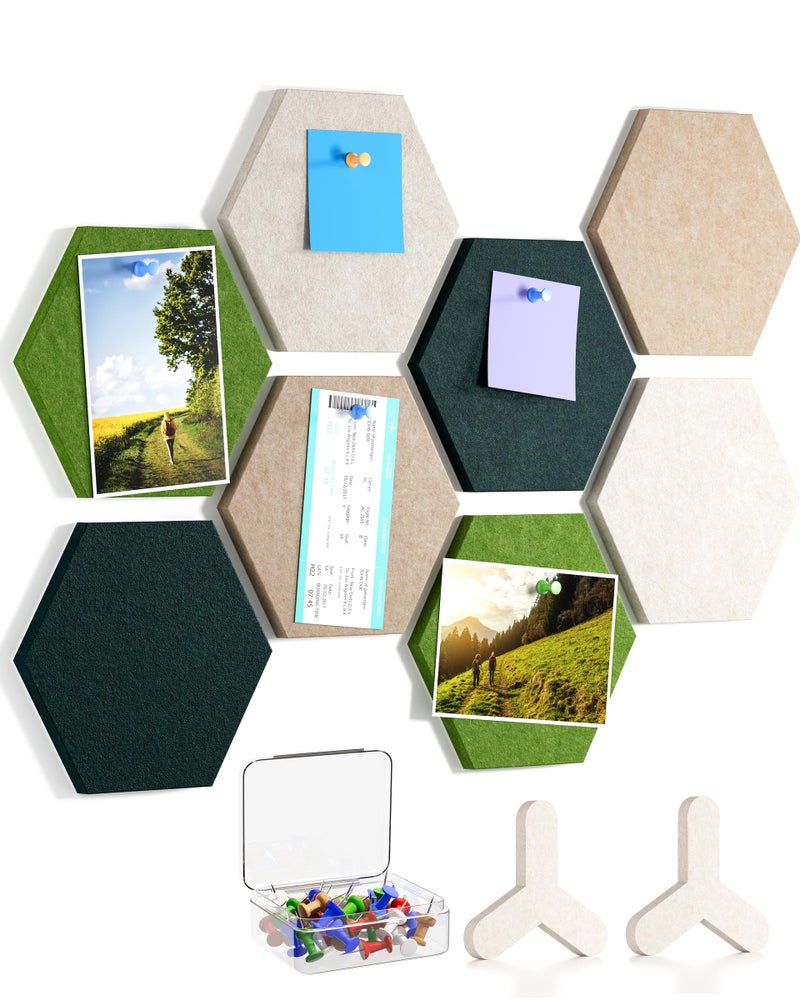 MaxGear 8Pcs Hexagon Felt Cork Board Tiles, Green Self-Adhesive DIY Bulletin Board Pin Board for Office School Home Wall Decor Stickers Photos Display Memos - Image 1