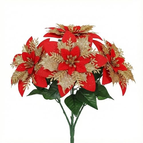 CURATED CART Artificial Red Poinsettia Flowers for Christmas - 1 Stem with 5 Heads (5 Flowers Total) - Flannel Fabric, Realistic Xmas Decor for Tree, Table Centerpieces, Wreaths, Holiday Decorations - Image 1