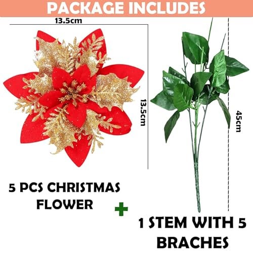 CURATED CART Artificial Red Poinsettia Flowers for Christmas - 1 Stem with 5 Heads (5 Flowers Total) - Flannel Fabric, Realistic Xmas Decor for Tree, Table Centerpieces, Wreaths, Holiday Decorations - Image 3