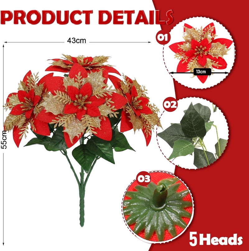 CURATED CART Artificial Red Poinsettia Flowers for Christmas - 1 Stem with 5 Heads (5 Flowers Total) - Flannel Fabric, Realistic Xmas Decor for Tree, Table Centerpieces, Wreaths, Holiday Decorations - Image 2