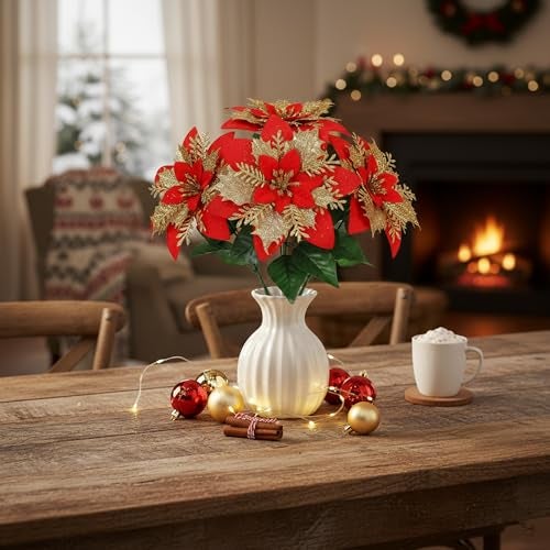 CURATED CART Artificial Red Poinsettia Flowers for Christmas - 1 Stem with 5 Heads (5 Flowers Total) - Flannel Fabric, Realistic Xmas Decor for Tree, Table Centerpieces, Wreaths, Holiday Decorations - Image 4