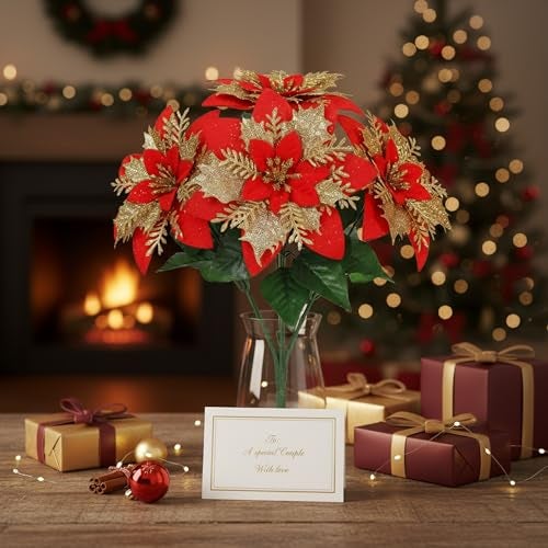 CURATED CART Artificial Red Poinsettia Flowers for Christmas - 1 Stem with 5 Heads (5 Flowers Total) - Flannel Fabric, Realistic Xmas Decor for Tree, Table Centerpieces, Wreaths, Holiday Decorations - Image 5