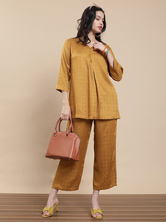 De Moza Mustard Jacquard Rayon Pants - Image 1