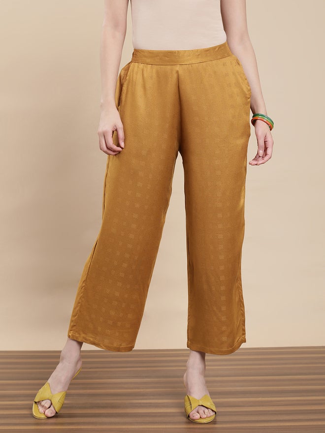 De Moza Mustard Jacquard Rayon Pants - Image 2