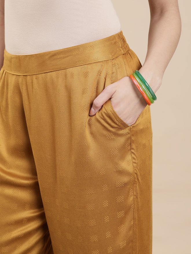 De Moza Mustard Jacquard Rayon Pants - Image 5