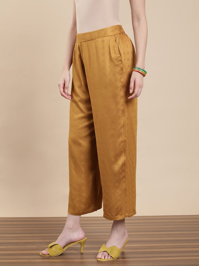 De Moza Mustard Jacquard Rayon Pants - Image 3