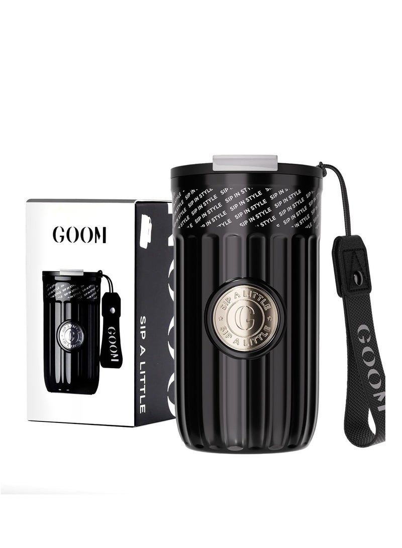 GOOM The Emblem Travel Coffee Tumbler with Lid and Straw, Insulated To Go Coffee Mug with Flip Straw, 18/10 Stainless Steel, 7-Layer Insulation, 17oz, Leap Proof, Spill Proof, Black