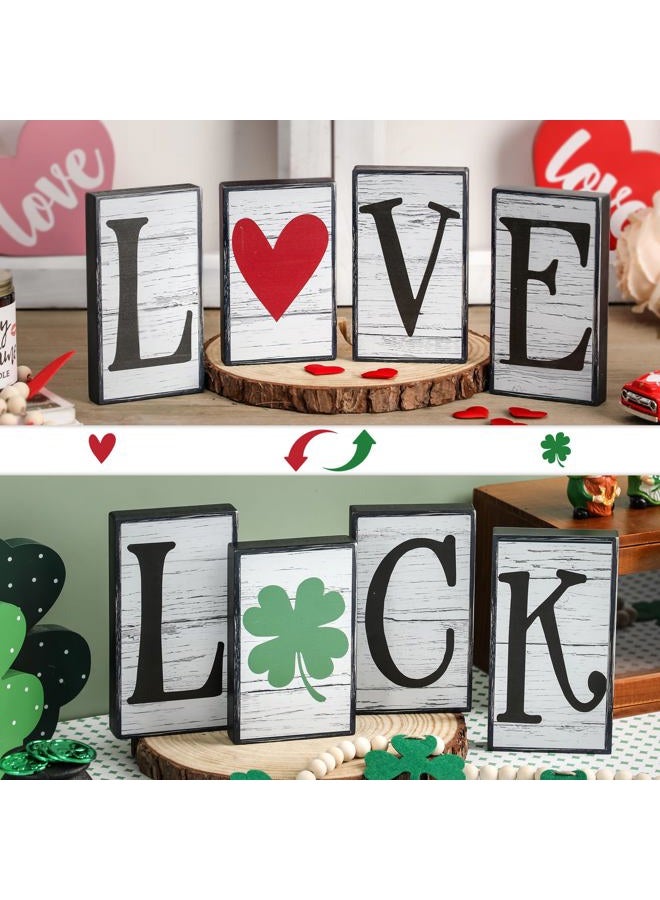 NEWLIGHTURE Valentine's Day Décor 4 PCS Reversible St. Patrick's Day Wood Signs Tiered Tray Mantle Shelf Décor for Valentine Farmhouse Heart Shamrocks Wood Blocks - Image 2
