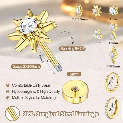 MILACOLATO 20G Hypoallergenic Flat Back Earrings Cartilage Earring Sets for Multiple Piercing Surgical Stainless Steel Earrings for Women Trendy Earring Stacks Small Huggie Hoops Flatback Stud Earrings Set 14K Gold Plated - Image 3