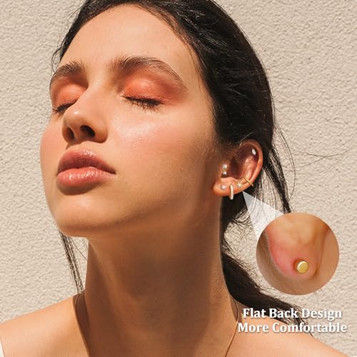 MILACOLATO 20G Hypoallergenic Flat Back Earrings Cartilage Earring Sets for Multiple Piercing Surgical Stainless Steel Earrings for Women Trendy Earring Stacks Small Huggie Hoops Flatback Stud Earrings Set 14K Gold Plated - Image 2