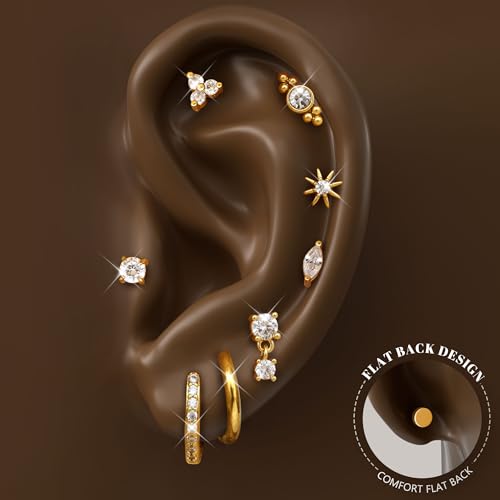 MILACOLATO 20G Hypoallergenic Flat Back Earrings Cartilage Earring Sets for Multiple Piercing Surgical Stainless Steel Earrings for Women Trendy Earring Stacks Small Huggie Hoops Flatback Stud Earrings Set 14K Gold Plated - Image 5