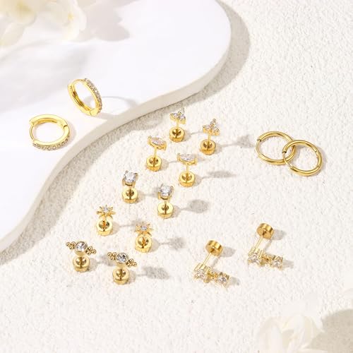 MILACOLATO 20G Hypoallergenic Flat Back Earrings Cartilage Earring Sets for Multiple Piercing Surgical Stainless Steel Earrings for Women Trendy Earring Stacks Small Huggie Hoops Flatback Stud Earrings Set 14K Gold Plated - Image 4