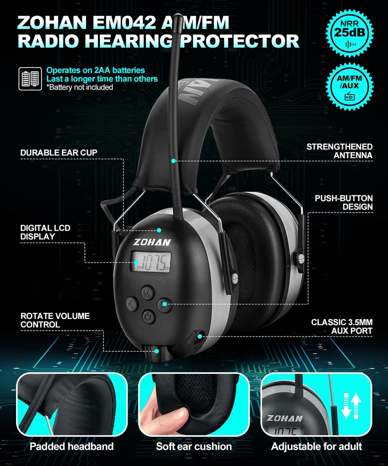 ZOHAN EM042 AM/FM Radio Headphone with Digital Display,Ear Protection Noise Reduction Safety Ear Muffs,Ultra Comfortable Hearing Protector for Lawn Mowing and Landscaping - Yellow - Image 4