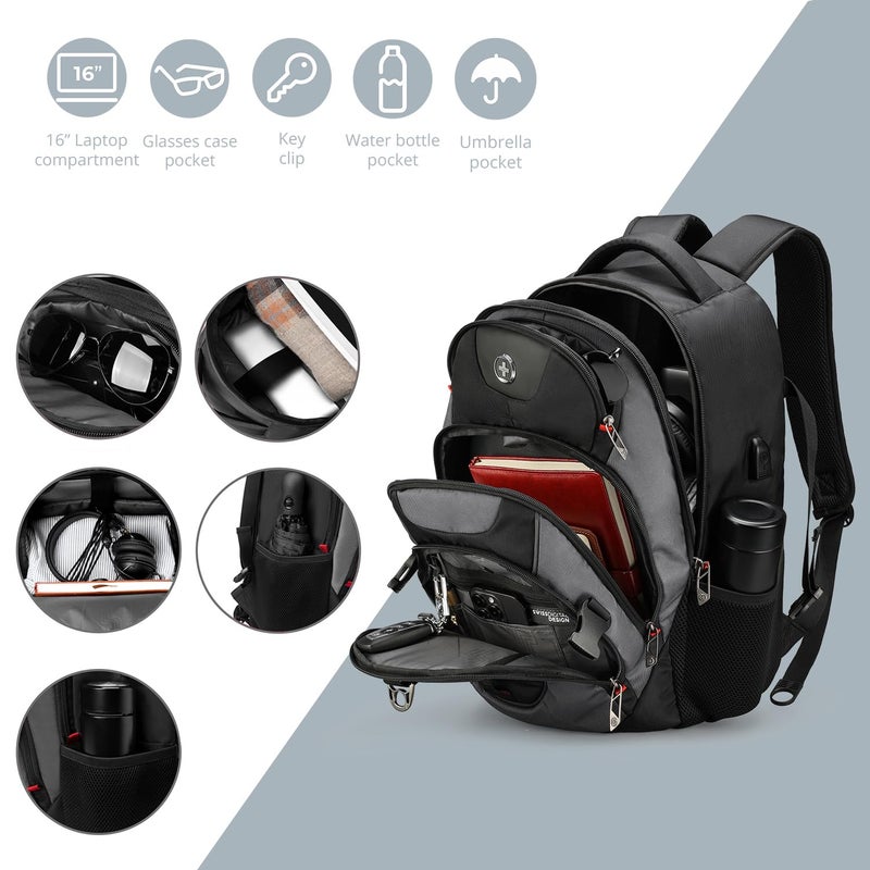 Swissdigital Design Laptop Backpack, Travel Backpack with USB Charging Port Fits 15.6 inches Computer, 31L College School Bookbag for Men, Black/Grey | SD803-02 - Image 4