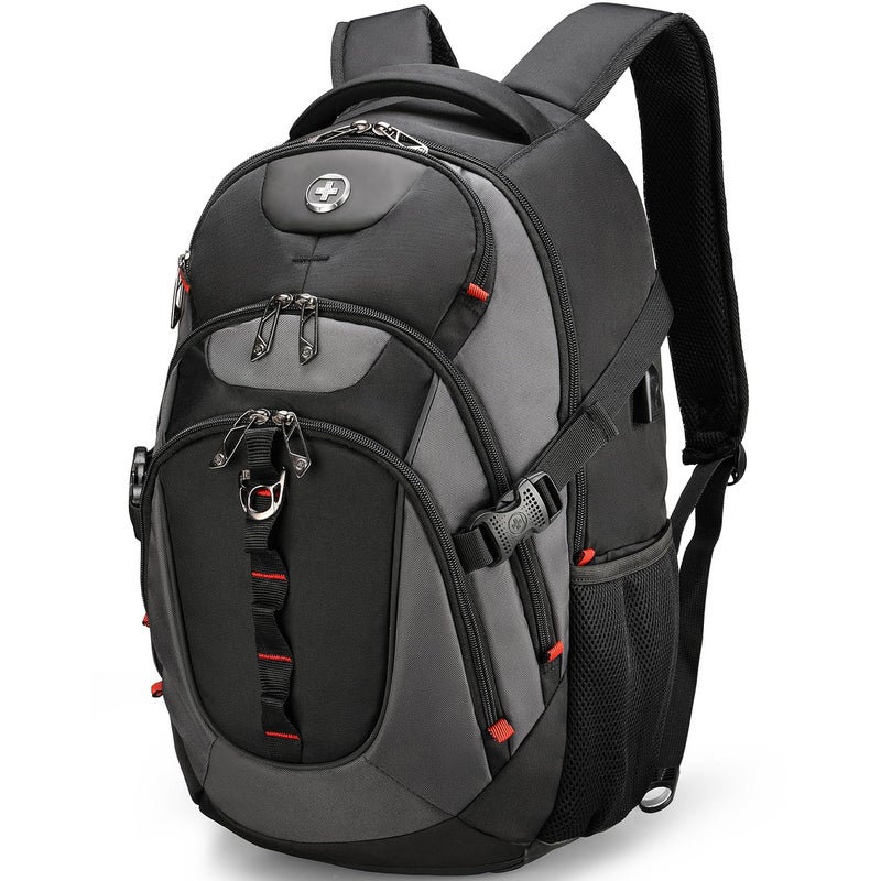 Swissdigital Design Laptop Backpack, Travel Backpack with USB Charging Port Fits 15.6 inches Computer, 31L College School Bookbag for Men, Black/Grey | SD803-02 - Image 1