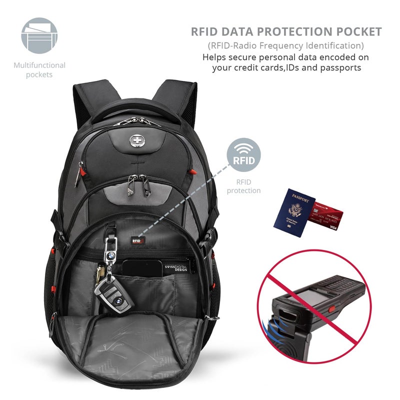 Swissdigital Design Laptop Backpack, Travel Backpack with USB Charging Port Fits 15.6 inches Computer, 31L College School Bookbag for Men, Black/Grey | SD803-02 - Image 3