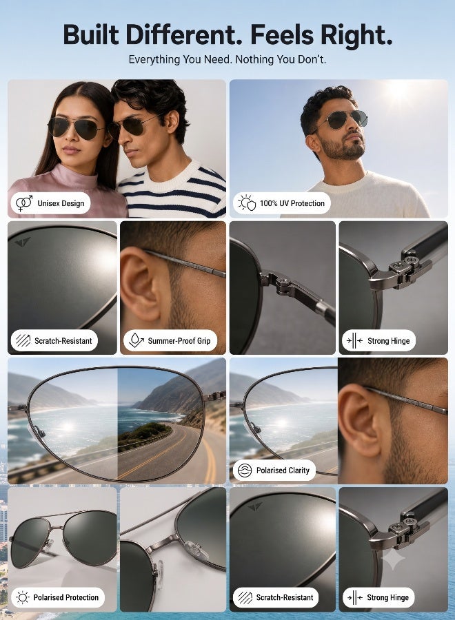 VINCENT CHASE Unisex VINCENT CHASE By Lenskart | Vintage Full Rim Aviator Polarized & UV Protected Sunglasses For Men & Women VC 5158/P - 58mm - Grey - Image 2