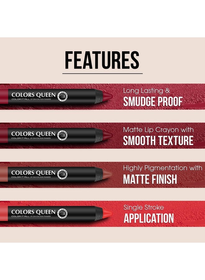 كولورز كوين أحمر شفاه Color It All Non Transfer Lip Crayon من Colors Queen مع مبراة | أحمر شفاه بلون مطفي يدوم طويلاً | أحمر شفاه مقاوم للتلطخ والتقبيل للنساء (09 - Rouge، 3.5 جم) - Image 4