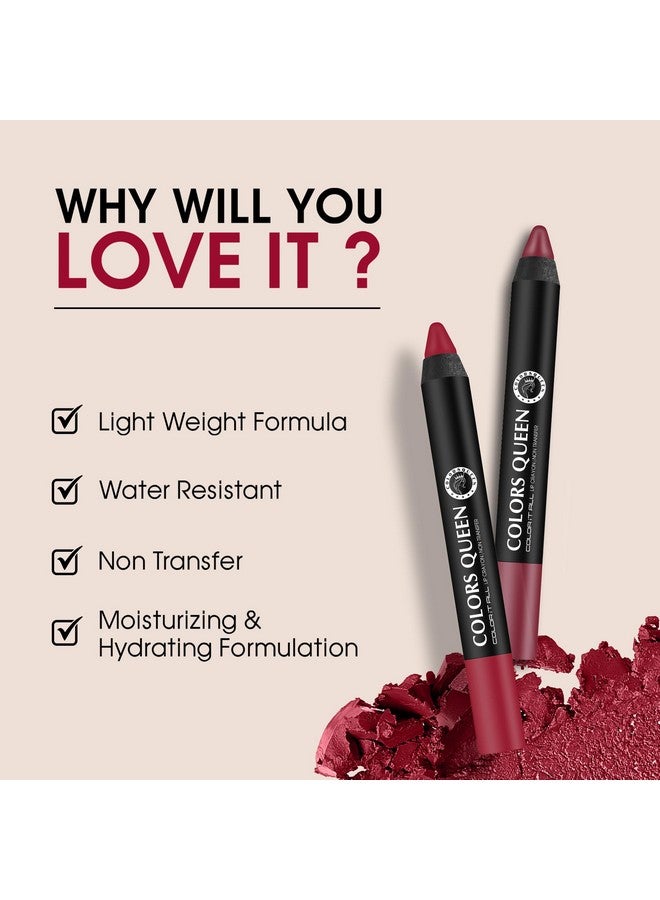 كولورز كوين أحمر شفاه Color It All Non Transfer Lip Crayon من Colors Queen مع مبراة | أحمر شفاه بلون مطفي يدوم طويلاً | أحمر شفاه مقاوم للتلطخ والتقبيل للنساء (09 - Rouge، 3.5 جم) - Image 3