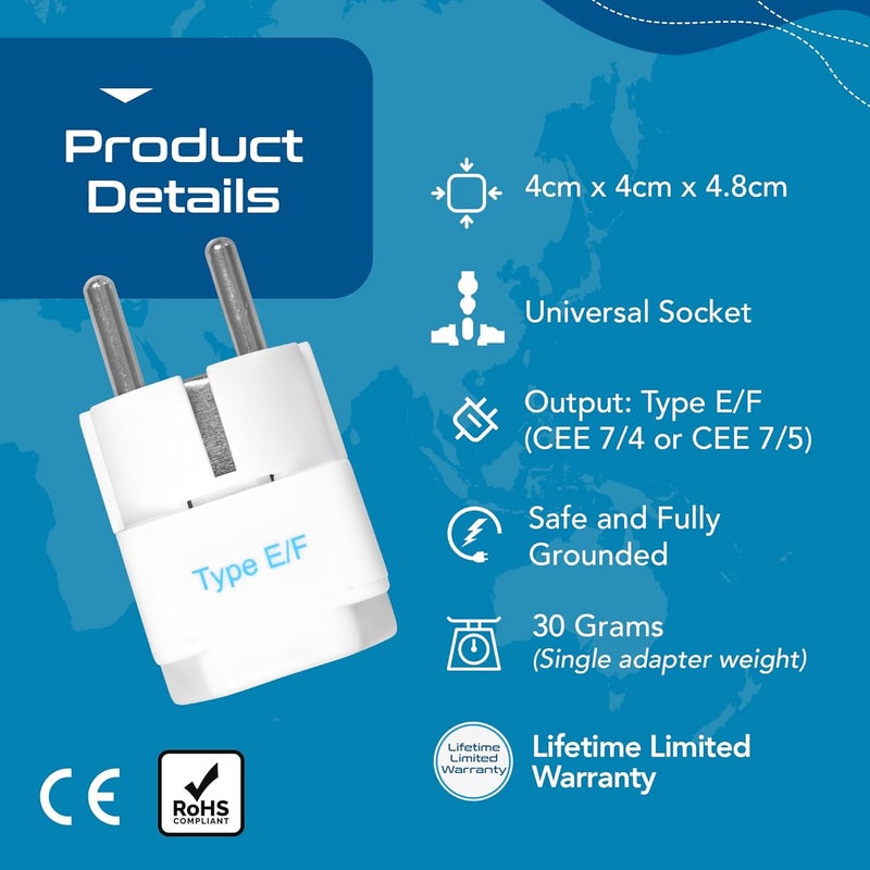 Ceptics Ceptics India to European Travel Adapter Schuko Type EF India to Europe CE Certified RoHS Compliant White 1 Pack 5 Years Warranty  - Image 3