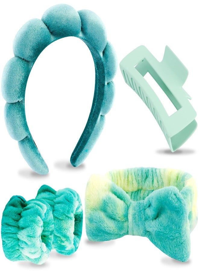 VELSCRUN Spa Headband, Makeup Face Wash Skincare Headbands, 5 Pcs Green Colorful Sponge Bow Tie Get Ready HairBand Facial Wristband Hair Clips Set, Stuff for Teen Girls Women Trendy Hair Accessories - Image 1