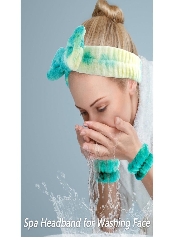 VELSCRUN Spa Headband, Makeup Face Wash Skincare Headbands, 5 Pcs Green Colorful Sponge Bow Tie Get Ready HairBand Facial Wristband Hair Clips Set, Stuff for Teen Girls Women Trendy Hair Accessories - Image 2