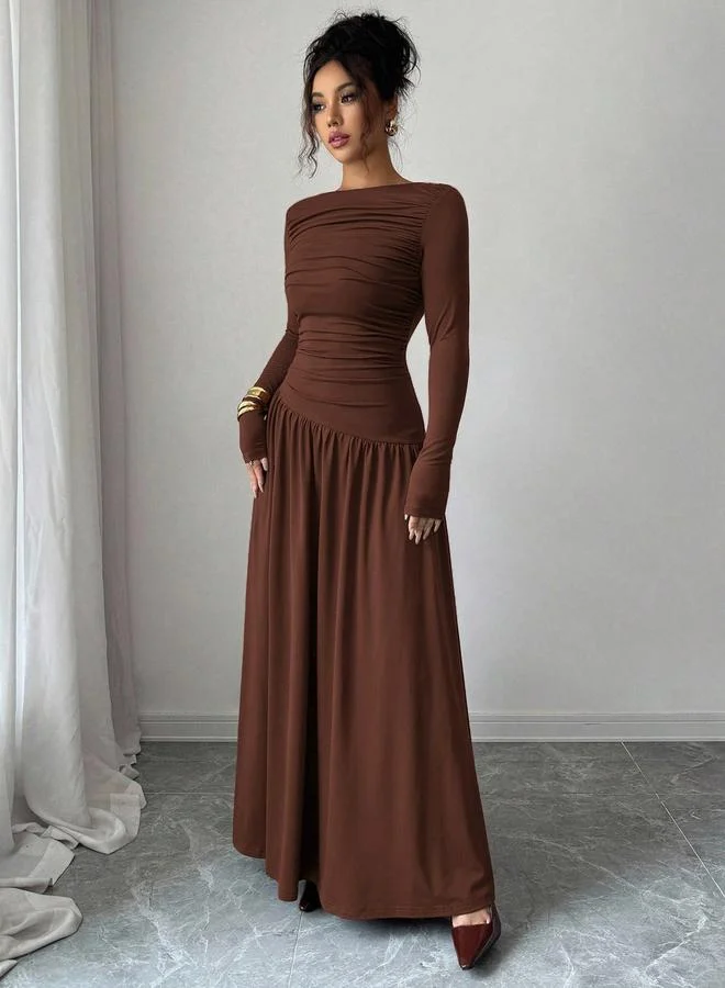 Styli  Brown Ruched A-Line Maxi Dress for Women | Best Price UAE