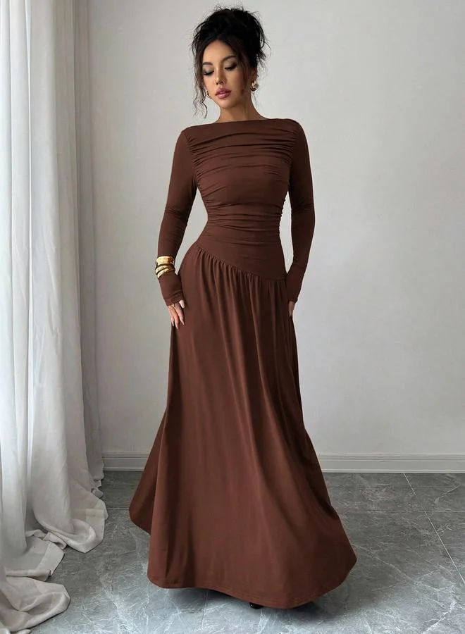 Styli  Brown Ruched A-Line Maxi Dress for Women | Best Price UAE