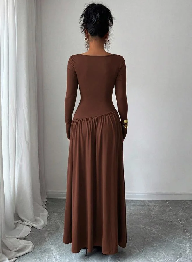 Styli  Brown Ruched A-Line Maxi Dress for Women | Best Price UAE