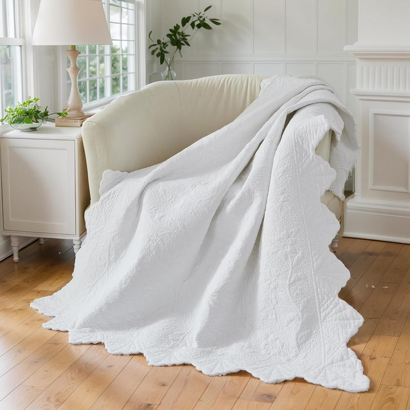 Brandream White Scalloped Edge Quilt Cotton Quilted Throw Blanket for Bed Couch Daybed 47 X 60 Inch Decorative Throw Blankets - Image 1