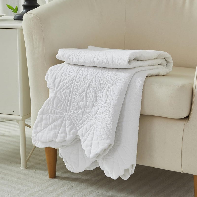 Brandream White Scalloped Edge Quilt Cotton Quilted Throw Blanket for Bed Couch Daybed 47 X 60 Inch Decorative Throw Blankets - Image 5