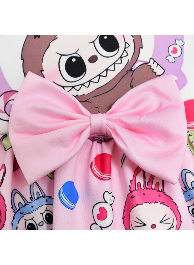 general labubu forest elf cartoon print big children's bow vest dress is the best gift for family and friends - Image 3