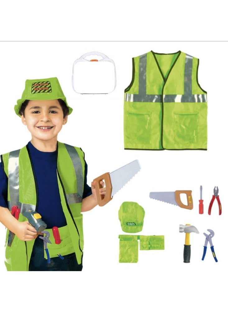 Kids Construction Worker Costume – Green Handyman Builder Outfit with Tools & Helmet, Role Play Dress-Up Set for Boys & Girls, Fun Educational Costume - Image 2