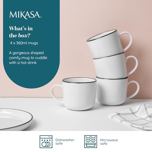 Mikasa Limestone Porcelain Mug Set, 4X Porcelain Mugs with Black Rim for Tea and Coffee, 360ml| Gift Boxed & Dishwasher Safe - Image 2