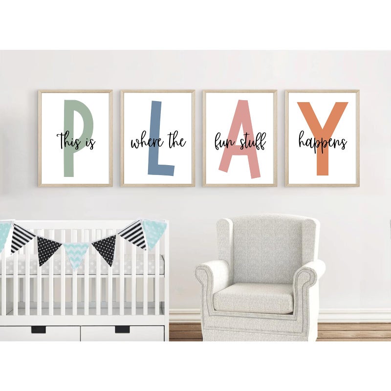 Baccone Kids Playroom Wall Art Boys Room Wall Decor Childrens Playroom Canvas Prints Baby Boy Kids Room Poster Decor Toddler Nursery Print Artwork Let'S Play Sign 8x10 Inch Set of 4 Wooden Frame - Image 4