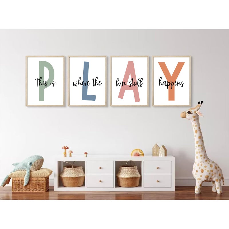 Baccone Kids Playroom Wall Art Boys Room Wall Decor Childrens Playroom Canvas Prints Baby Boy Kids Room Poster Decor Toddler Nursery Print Artwork Let'S Play Sign 8x10 Inch Set of 4 Wooden Frame - Image 5