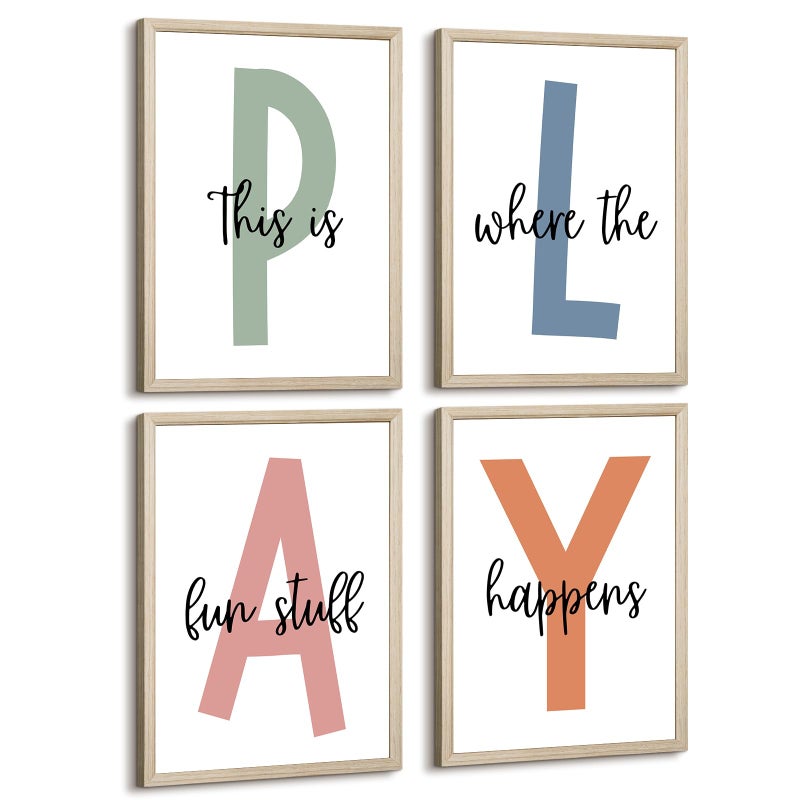 Baccone Kids Playroom Wall Art Boys Room Wall Decor Childrens Playroom Canvas Prints Baby Boy Kids Room Poster Decor Toddler Nursery Print Artwork Let'S Play Sign 8x10 Inch Set of 4 Wooden Frame - Image 1