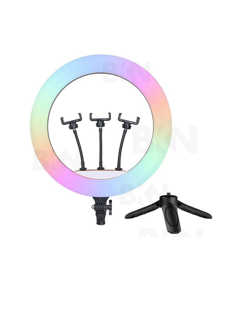 حلقة إضاءة ليد ناعمة 45 سم RGB بـ 16 لون – مزودة بـ 3 حوامل موبايل وحامل صغير للتصوير والبث المباشر وفيديوهات المكياج - Image 1