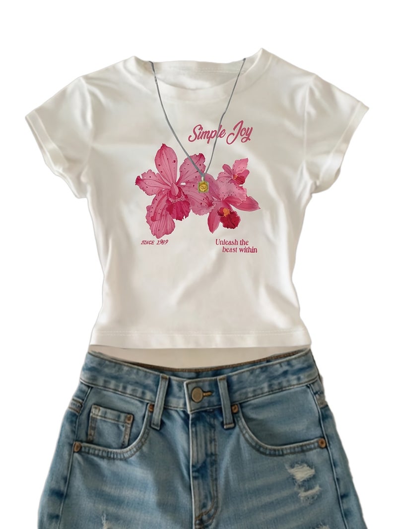 00008 - Women'S Casual Top English Letter Petal Print Girly Heart Sweet Cool American Style Ins Hot Summer T - Shirt - CC75 - White / XS - Image 1
