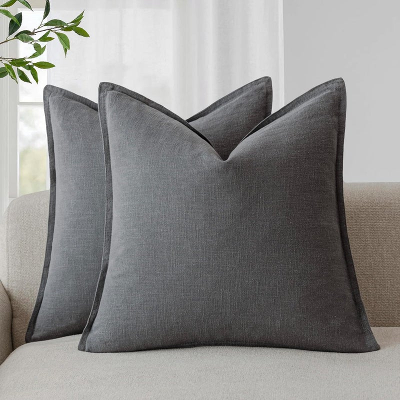 Foindtower Pack of 2, Decorative Linen Soild Throw Pillow Covers Soft Accent Cushion Case Boho Farmhouse Pillowcase for Chair Couch Sofa Bedroom Living Room Home Decor 22 x 22 Inch Grey - Image 1