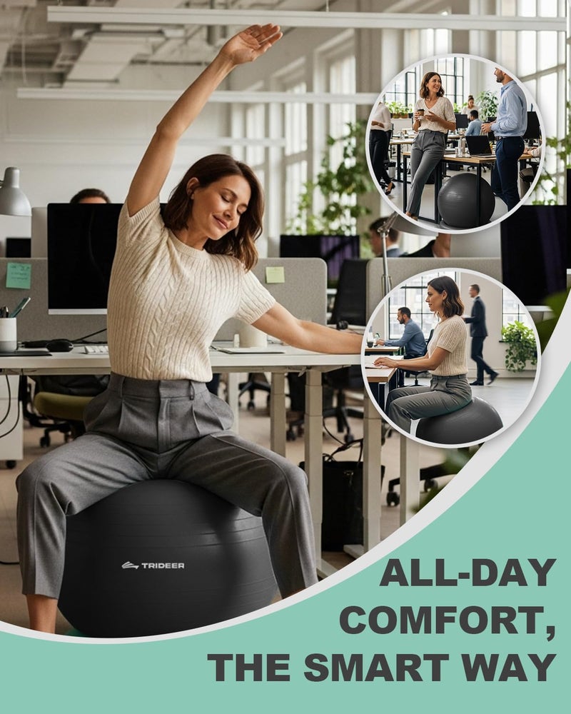 Trideer Exercise Ball for Office Desk, Yoga Ball Chair to Relieve Back Pain, Stability & Fitness Ball Seat with Base, Home Gym Core Workout, Abs, Stretching & Therapy - Image 2