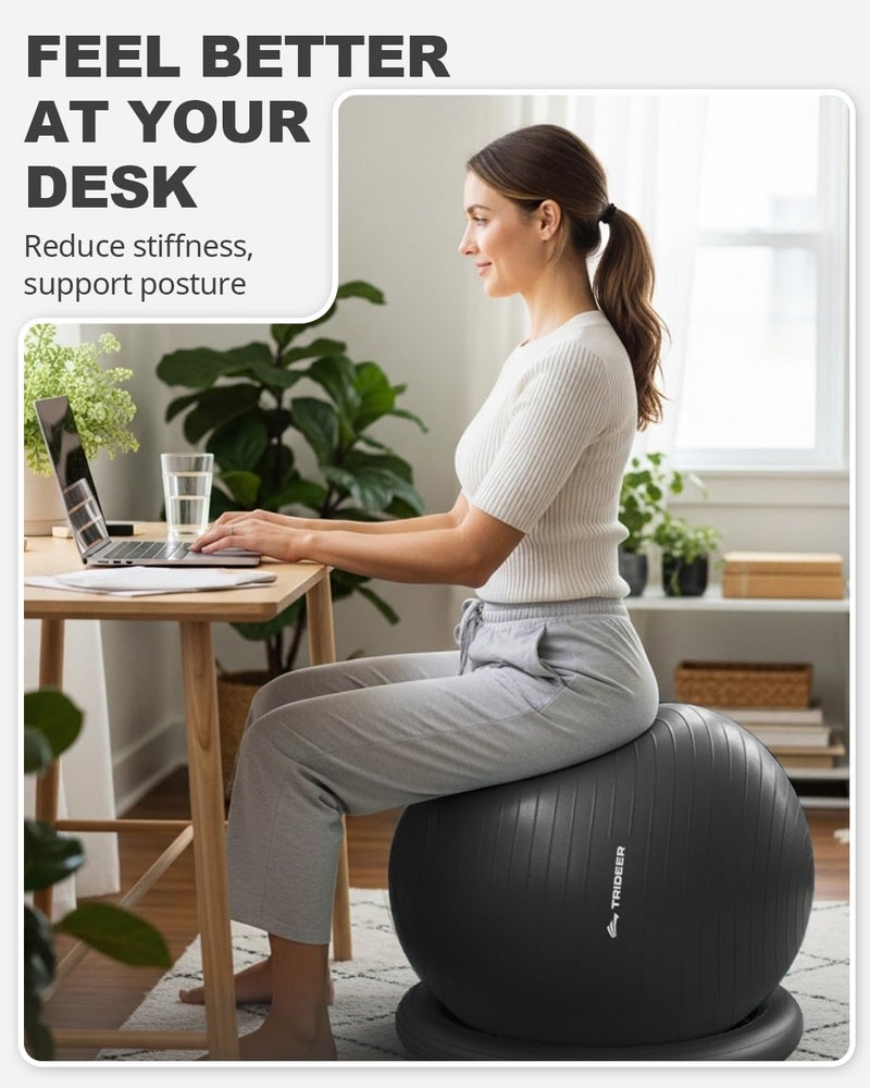 Trideer Exercise Ball for Office Desk, Yoga Ball Chair to Relieve Back Pain, Stability & Fitness Ball Seat with Base, Home Gym Core Workout, Abs, Stretching & Therapy - Image 3